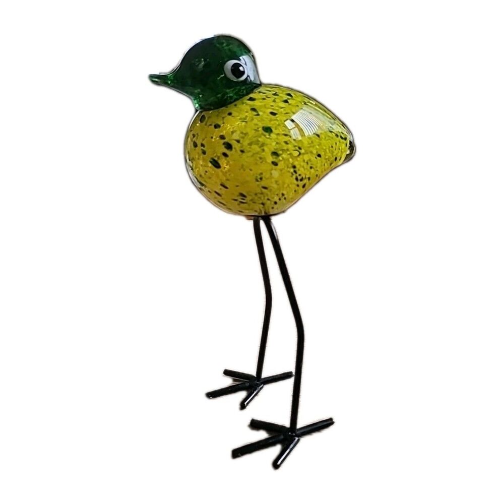 MCM Murano Style Art Glass BIRD Long Metal Legs Green Yellow 10"